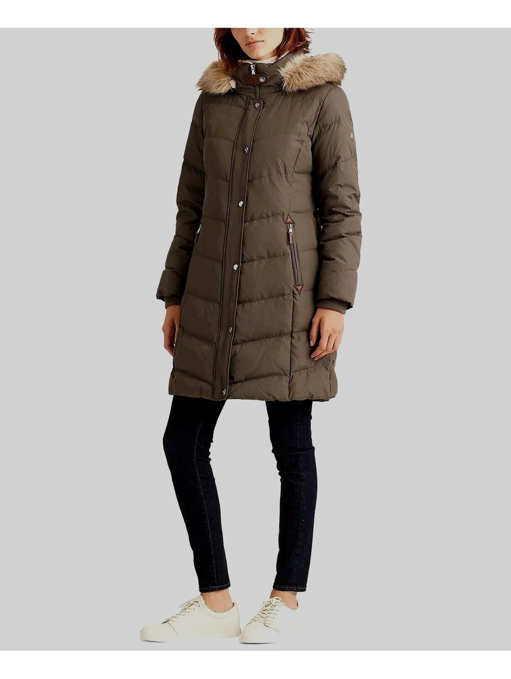 Polo Ralph Lauren Faux Fur Trim Hooded Quilted Down Puffer Jacket Womens Medium